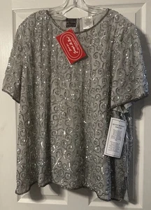 Sequin Beaded 100% Silk Blouse Top by Jean Joseph Le Bon VTG SILVER Plus Sz 30W - Picture 1 of 4