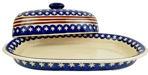 Boleslawiec Stars & Stripes Lg Covered Casserole Entree Dish Poland 4th of July - Picture 1 of 9