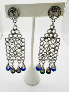 Vintage Silver Crown Trifari Filigree Glass Beaded  Clip On Drop Earrings - Picture 1 of 8