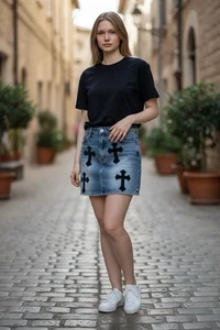 Damen REHAB LAB Black Cross Denim Minirock Large Blau Gothic Konzert Club - Bild 1 von 7