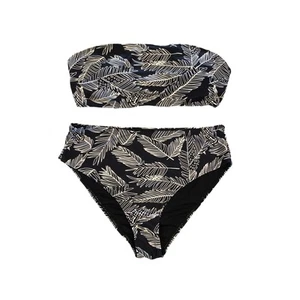 Shein Womens Plus 1XL Black &White Leaf Print Bandeau Bikini Swimsuit NWT - Picture 1 of 5