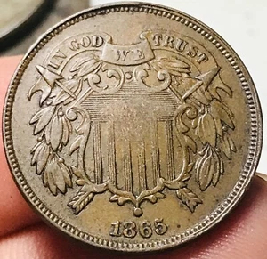 1865 Two Cent Piece 2C FULL MOTTO Choice Civil War Date US Copper Coin CC24769 - Picture 1 of 6