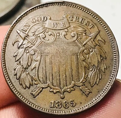 1865 Two Cent Piece 2C FULL MOTTO Choice Civil War Date US Copper Coin CC24769 - Image 1 of 4