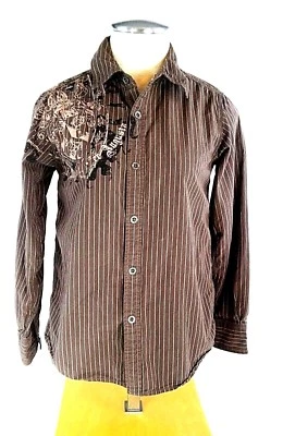 Epic Threads Boy's Shirt Size M Button Up Long Sleeve Brown Stripes w/ Graphics — 第 1/4 张图片