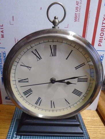 Clock Quartz Round Wood Base 8” Face Desk Mantle 12” Tall Cover