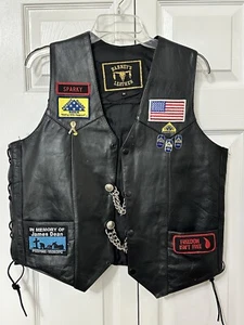 Size M Barney’s Leather Biker Vest Black Harley PatchAND OTHERS Included MENS - Picture 1 of 8