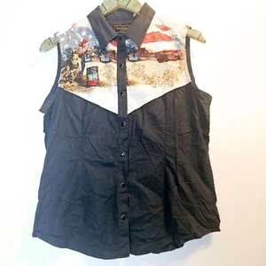 Bit & Bridle Cowgirl Horse Black Onyx Snap Sleeveless USA Flag Top, NWOT, Lg - Picture 1 of 7