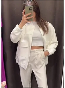 ZARA WHITE LINEN BLEND LONGLINE OVERSIZED BOMBER JACKET SIZE  8-10 XS 7997/709 - Picture 1 of 13