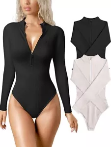 OQQ Women's 2 Piece Bodysuits Sexy Ribbed One Piece Zip Front Size L - Picture 1 of 3
