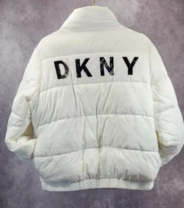 DKNY Logo Damen kurze Sport Creme Velour Puffer Winter Jacke Mantel Gr. L Geschenk - Bild 1 von 11