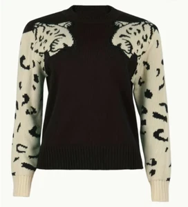 Contrast Leopard Print Crew Neck L/S Pullover Sweater Women's XL (12) Black NWT - Picture 1 of 3