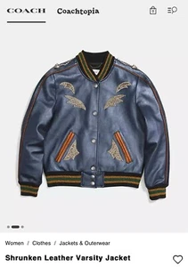 COACH Leather Womens Varsity Bomber Jacket Metallic Jeweled Burgundy Blue Gold 8 - Picture 1 of 10