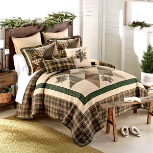 Donna Sharp Pine Star Cotton Embroidered Pinecones King Quilt Set Rustic Lodge - Picture 1 of 8