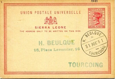 SIERRA LEONE  (S207) 1881  postal stationery 1 p  not travelled - Image 1 of 2