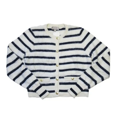 NWT J.Crew Brushed Cashmere Fitted Cardigan in Natural Navy Stripe Sweater S - Image 1 of 4