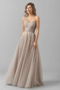 NWT WATTERS & WATTERS Beige Tulle One Shoulder Gown Dress 10 Bridesmaid - Picture 1 of 6