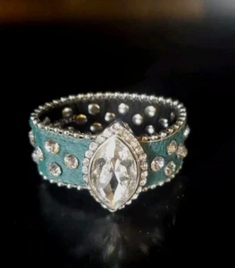 Rhinestone And Genuine Leather Dark Blue/Green Bracelet/Cuff. Silvertone Accents - Picture 1 of 8