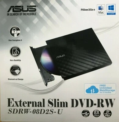 Asus - SDRW-08D2S-U - USB 2.0 8X DVD/ Burner +/- Rewriter External Drive - Black - Image 1 of 4