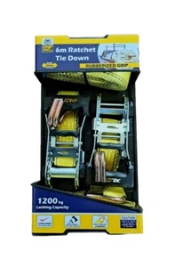 Grip Well 38mm 6m Ratchet Tie Down 1200kg Heavy Duty Lashing Rubber Grip 2 Pack - Picture 1 of 4