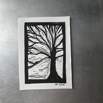 原装 Linocut ACEO 树裸枝版画 秋冬 黑色 — 第 1/3 张图片