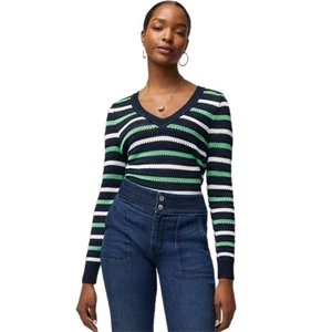 WHBM White House Black Market Langarm Streifen V-Ausschnitt Häkel Pullover Gr. XS - Bild 1 von 9