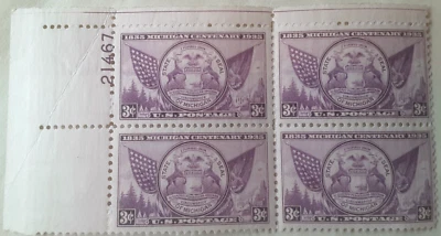 US Stamp Scott #775, 3c Michigan Centenary Issue Plate Block #21467 OG MNH Env#1 - Image 1 of 2