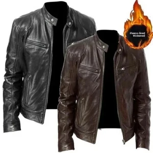 Mens Retro Leather Jacket Motorcycle Stand Collar Biker Coat Zip Up Outwear Top - Picture 1 of 16