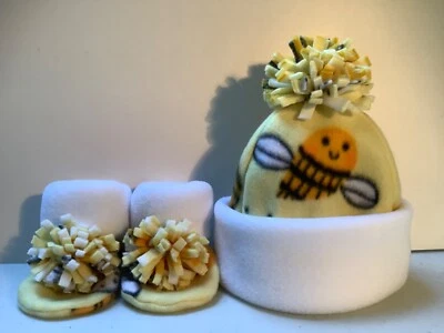 SOMBRERO Y BOTINES POLAR bebé recién nacido artesanal Happy Bees apicultor amantes de las abejas Foto 1 de 4