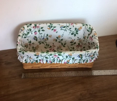 Longaberger Sloped 14.5" Woven Wood Basket With Floral Print Cloth Liner 2000 Cover