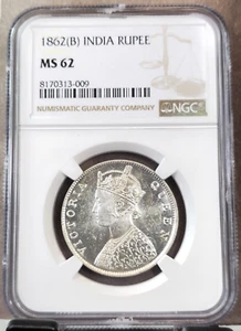 1862 INDIA SILVER 1 RUPEE QUEEN VICTORIA MS 62 SCARCE GREAT LUSTER - Picture 1 of 3