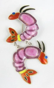 Vintage Sterling Silver Pink Orange Enamel Two Shrimp Flexible Brooch Pin - Picture 1 of 5