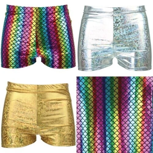 Uomo Pantaloncini Shorts Lucido Luccicante Oro Argento Sirena Bilance da Festa - Immagine 1 di 1