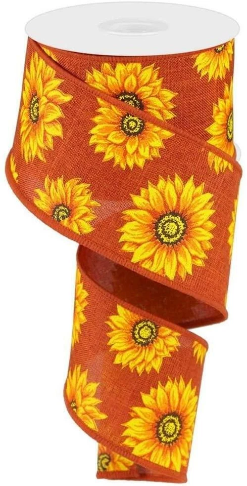 Sunflowers Gold on Rust Wired 2.5" x 10 yds= 30 ft Uncut Roll RG Ribbon #0187358 - Image 1 of 1