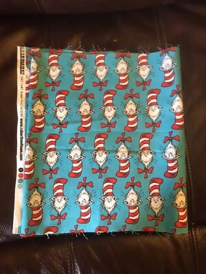 Dr. Seuss Blue Cat In Hat Cotton Fabric Robert Kaufman Remnant 12” X 42” Craft - Image 1 of 4