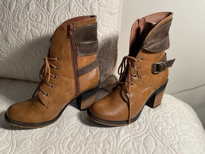 Botines veganos para mujer talla 8,5 Pierre Dumas con cordones imitación cuero marrón grueso Foto 1 de 4