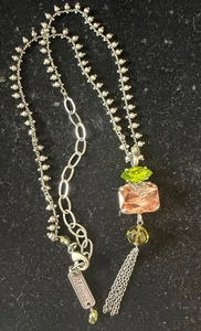 Mariana Signed Pink Green Crystal Adjustable Necklace 18" Silver Pewter Color - Picture 1 of 5