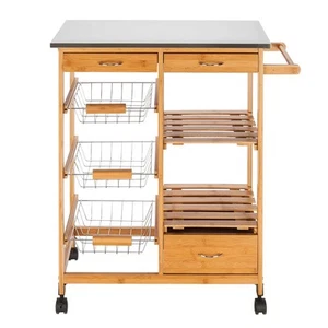 Bamboo Trolley Cart Rolling Island Cart w Stainless Steel Table Top2 Storage She - Picture 1 of 9