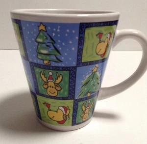 Alco Industries blau mit grünen Bäumen & Hirschen Weihnachten Kaffee Tee Becher Tasse 12 Unzen - Bild 1 von 6