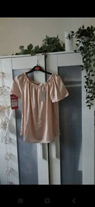Blue Ink Peach Rose Gold Satin Bardot Off Should Top Size 6 - Picture 1 of 2