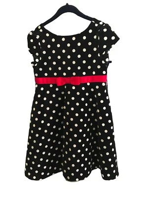 女孩 Gymboree 尺寸 4 黑色白色天鹅绒波点派对假日连衣裙红色丝带 — 第 1/4 张图片