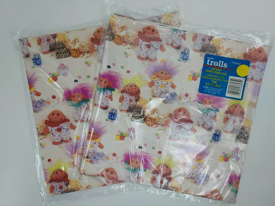1992 Trolls Dolls NORFIN Wrapping Paper 2 Sheets Gift Wrap Yellow Dots Vintage