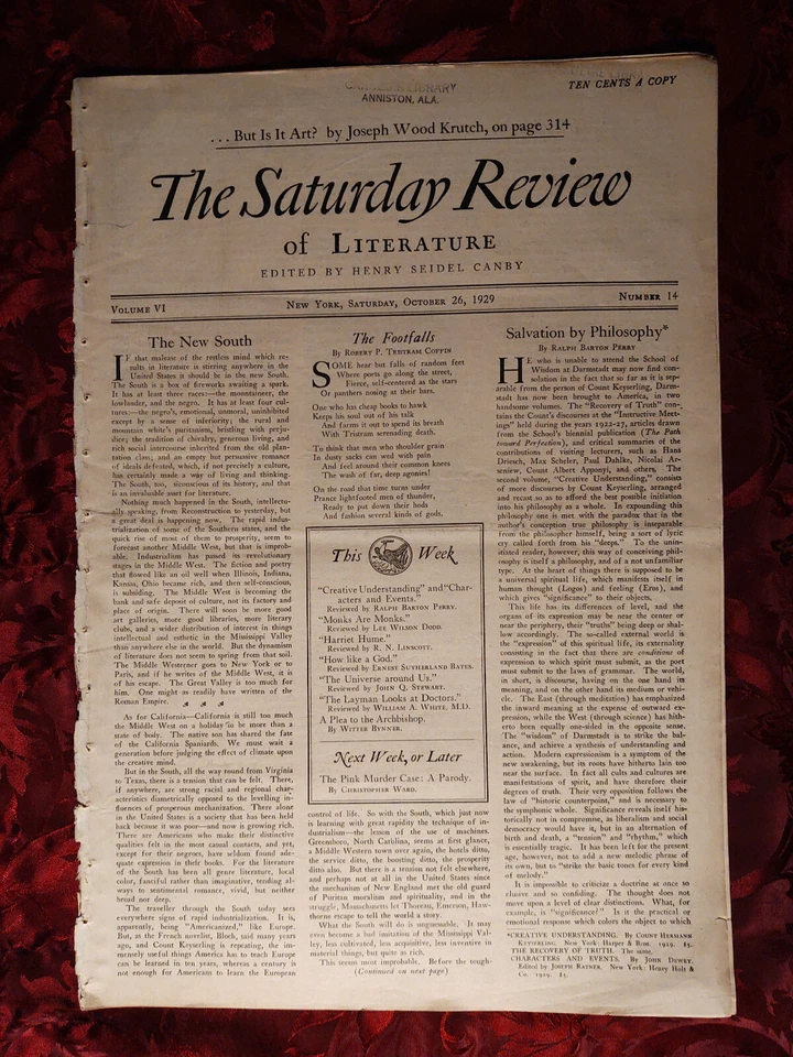 SATURDAY REVIEW October 26 1929 Ralph Barton Perry Joseph Wood Krutch Rex Stout - Image 1 of 1