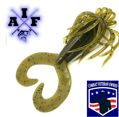 ALL IN FISHING LURES 10ct 4” Hula Grub Green Pumpkin Double Tail Skirted fishing/ Fishing