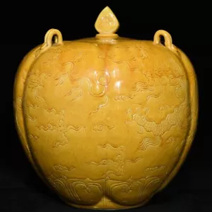 Fine Collectable Beautiful Chinese Hand Yellow Glaze Porcelain Dragon PhoenixPot - Picture 1 of 9