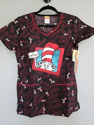 NEW SIZE XS Cat In The Hat Cherokee Scrubs Tooniforms Dr. Seuss V Neck Top VET - Image 1 of 4
