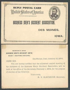 1894 Des Moines Ia 2 Parts Business Mens Accident Association  - Picture 1 of 1