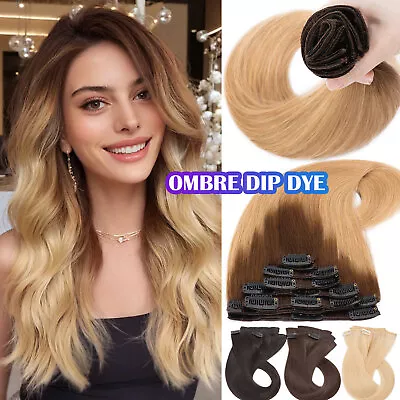 Thick Double Weft Clip In Real Remy Human Hair Extensions 8PCS Full Head Ombre T - Image 1 of 4