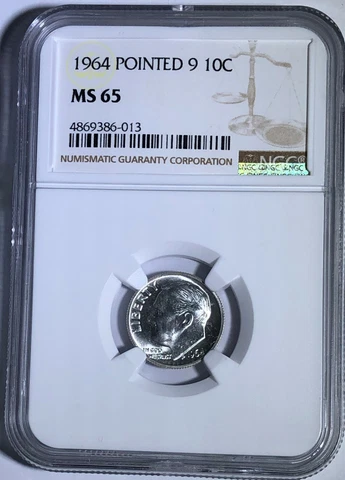 1964 P NGC MS65 SILVER ROOSEVELT DIME POINTED 9 10C 90% SILVER Cover