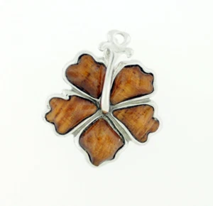 925 Sterling Silver Natural Hawaiian Koa Wood Pendant - Hibiscus Flower - Picture 1 of 1