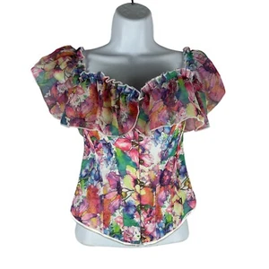 Womens Floral Ruffled Off-Shoulder Corset Top With Lace-Up Back Size S - Picture 1 of 3